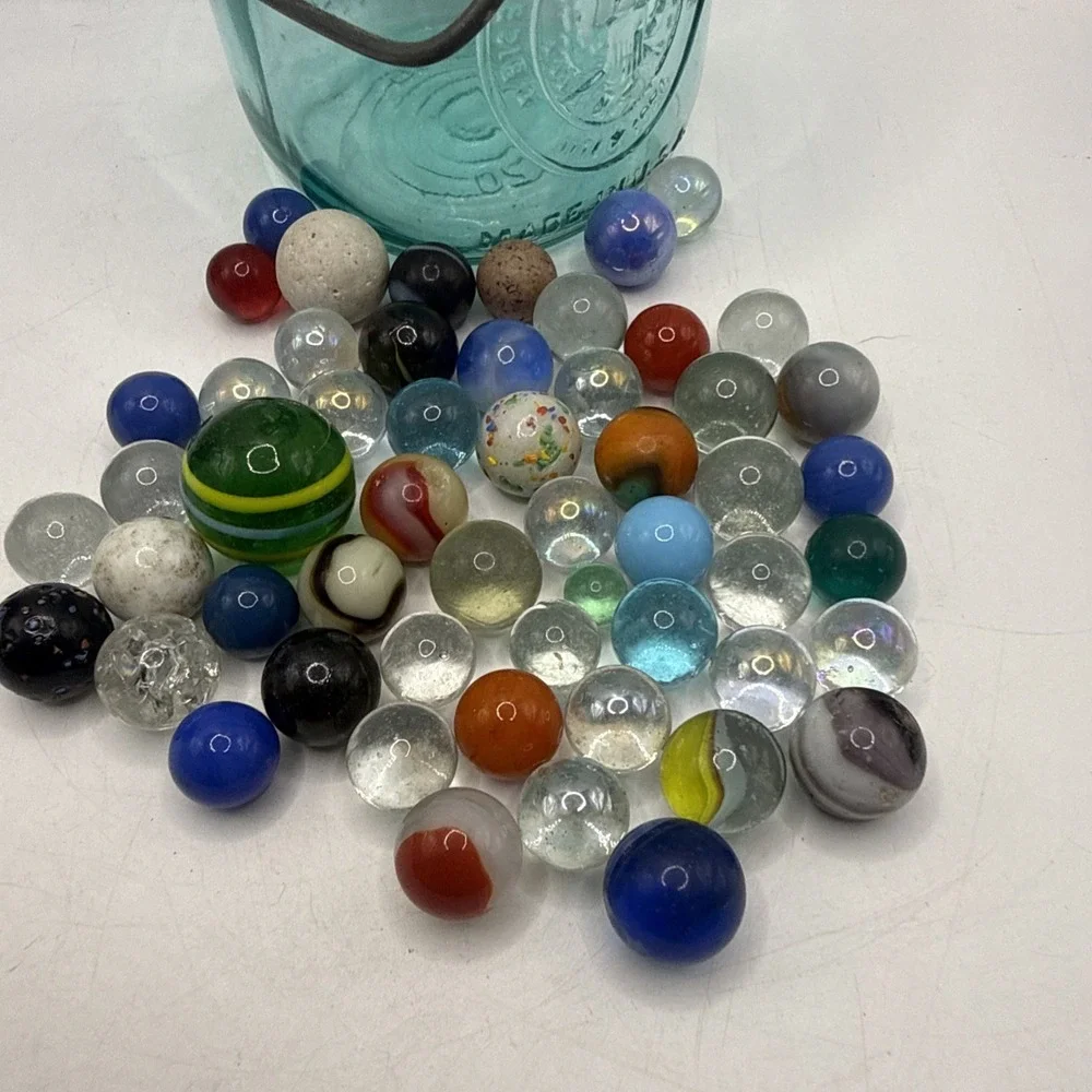 Lot Of Unique Vintage Marbles In Blue Mason Jar Some Glow- See Pics